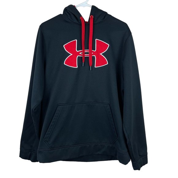 Under Armour Loose Storm Fleece Big Logo Hoodie Mens Size M Black Red Pullover - Picture 2 of 13